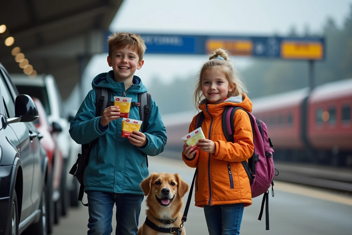 Enfants avec chien sur le quai du tunnel sous la Manche