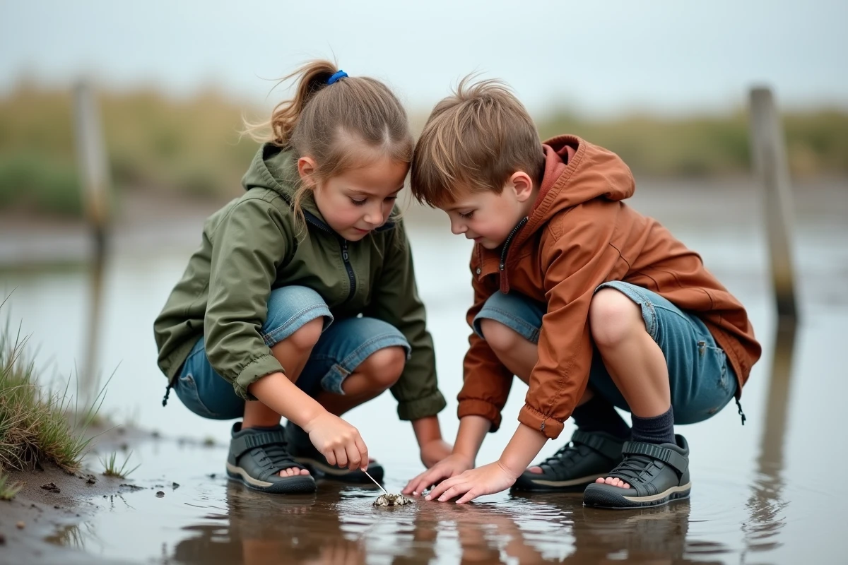 Enfants explorant les mares de la plage des marais de Pennedepie à marée basse