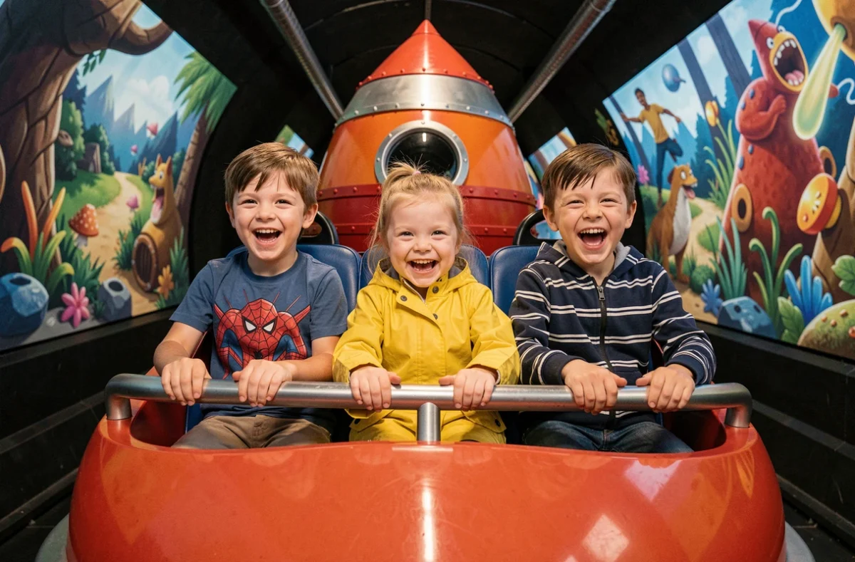 Groupe d'enfants souriants dans un véhicule d'attraction au Parc Walt Disney Studios