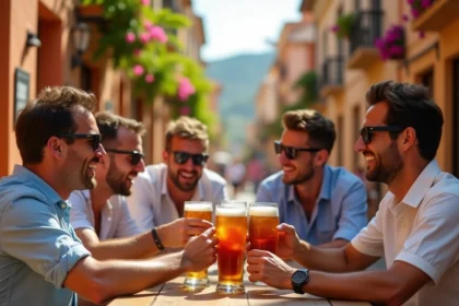 Groupe d'amis en enterrement de vie de garçon buvant des verres dans un bar espagnol en terrasse