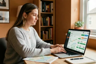 Femme utilisant Via Mappy sur un ordinateur portable pour estimer le coût de ses déplacements depuis son bureau à domicile