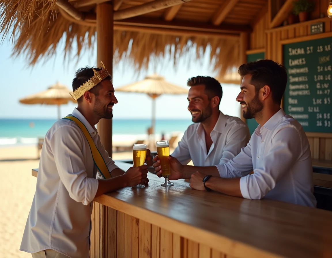 Futur marié en EVG commandant des boissons dans un bar de plage espagnol avec menu des prix visible