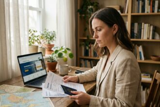 Femme expatriée comparant des offres d'assurance santé internationale avant de partir vivre à l'étranger