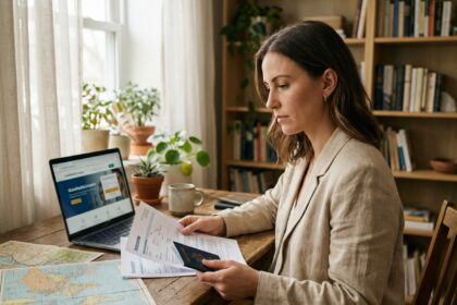 Femme expatriée comparant des offres d'assurance santé internationale avant de partir vivre à l'étranger