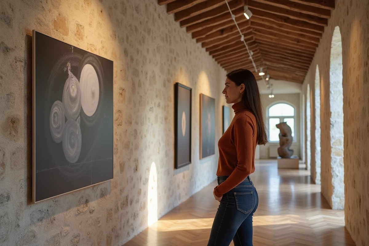 Femme contemplant une exposition temporaire dans un lieu patrimonial de la baie de Somme