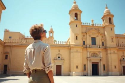 Touriste admirant la façade du Palais des Normands à Palerme depuis la Piazza del Parlamento