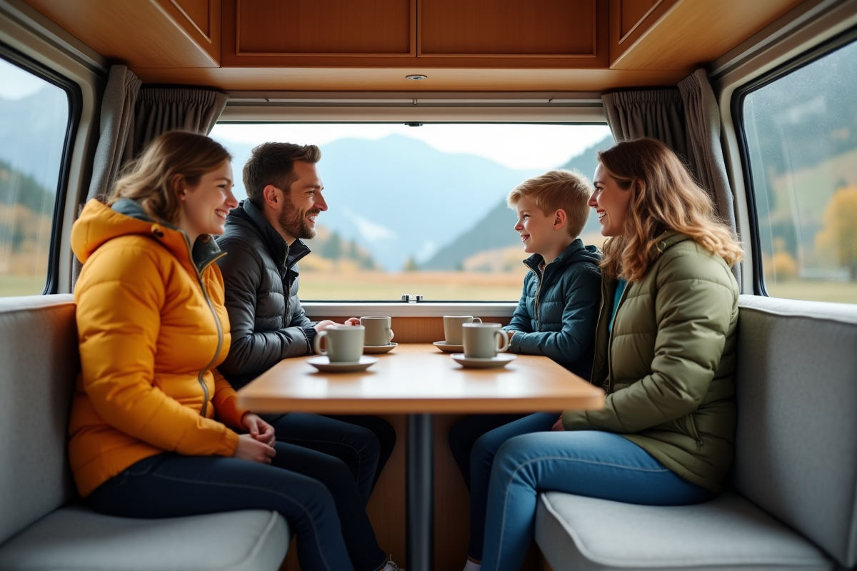 Famille dans un campervan avec paysage de montagne