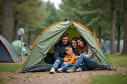 Famille de quatre souriante installant une tente verte au camping