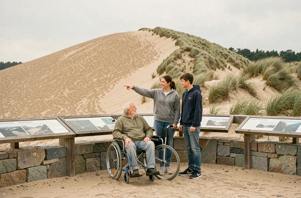 Famille avec un grand-père en fauteuil roulant devant un espace de visite accessible avec vue sur la Dune du Pilat