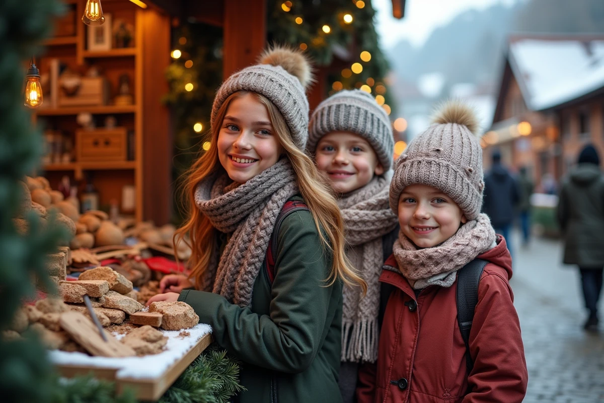Famille au marché de Noël dans Oberammergau en hiver