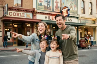Famille avec enfants portant des oreilles Mickey devant les décors du Parc Walt Disney Studios