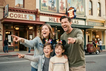 Famille avec enfants portant des oreilles Mickey devant les décors du Parc Walt Disney Studios