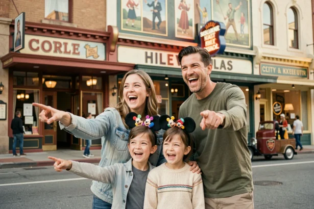 Famille avec enfants portant des oreilles Mickey devant les décors du Parc Walt Disney Studios