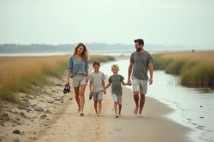 Famille se promenant pieds nus sur la plage des marais de Pennedepie en Normandie
