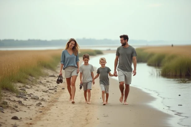 Famille se promenant pieds nus sur la plage des marais de Pennedepie en Normandie