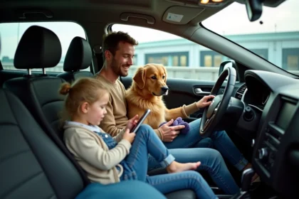 Famille dans voiture moderne au tunnel sous la Manche