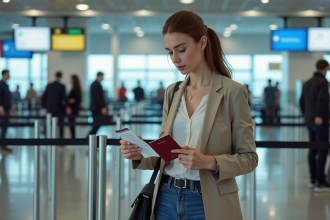 Jeune femme vérifiant ses documents d'embarquement à l'aéroport