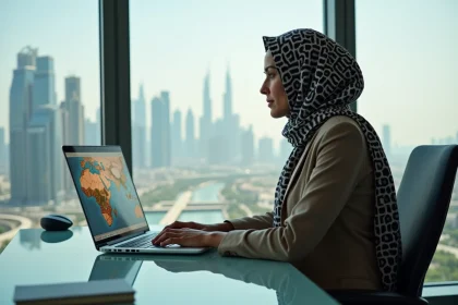 Femme méditerranéenne regardant une carte d'Asie et d'Afrique