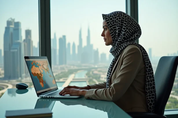 Femme méditerranéenne regardant une carte d'Asie et d'Afrique