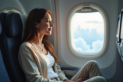 Jeune femme en avion regardant les nuages avec détente