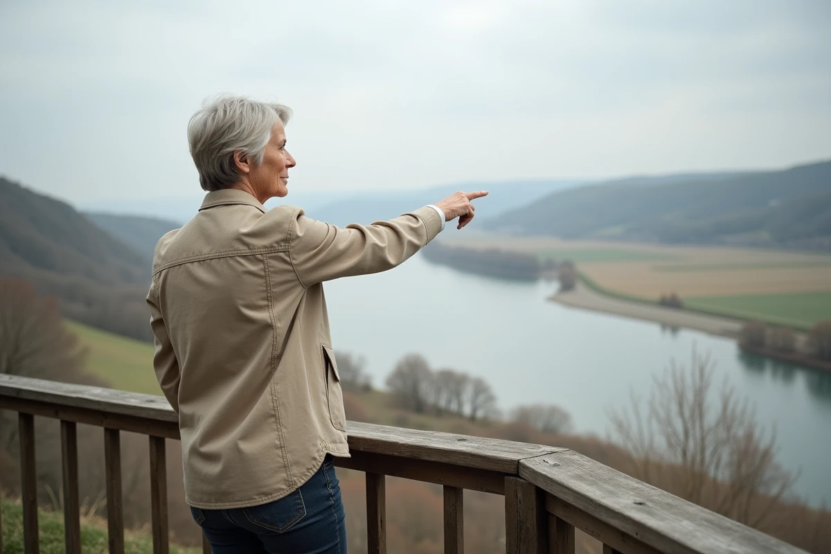 Femme observant le Rhin depuis un belvédère en bois sur la rive française entre Bâle et Lauterbourg en Alsace
