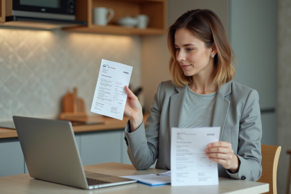 Femme vérifiant son billet d'avion dans une cuisine moderne