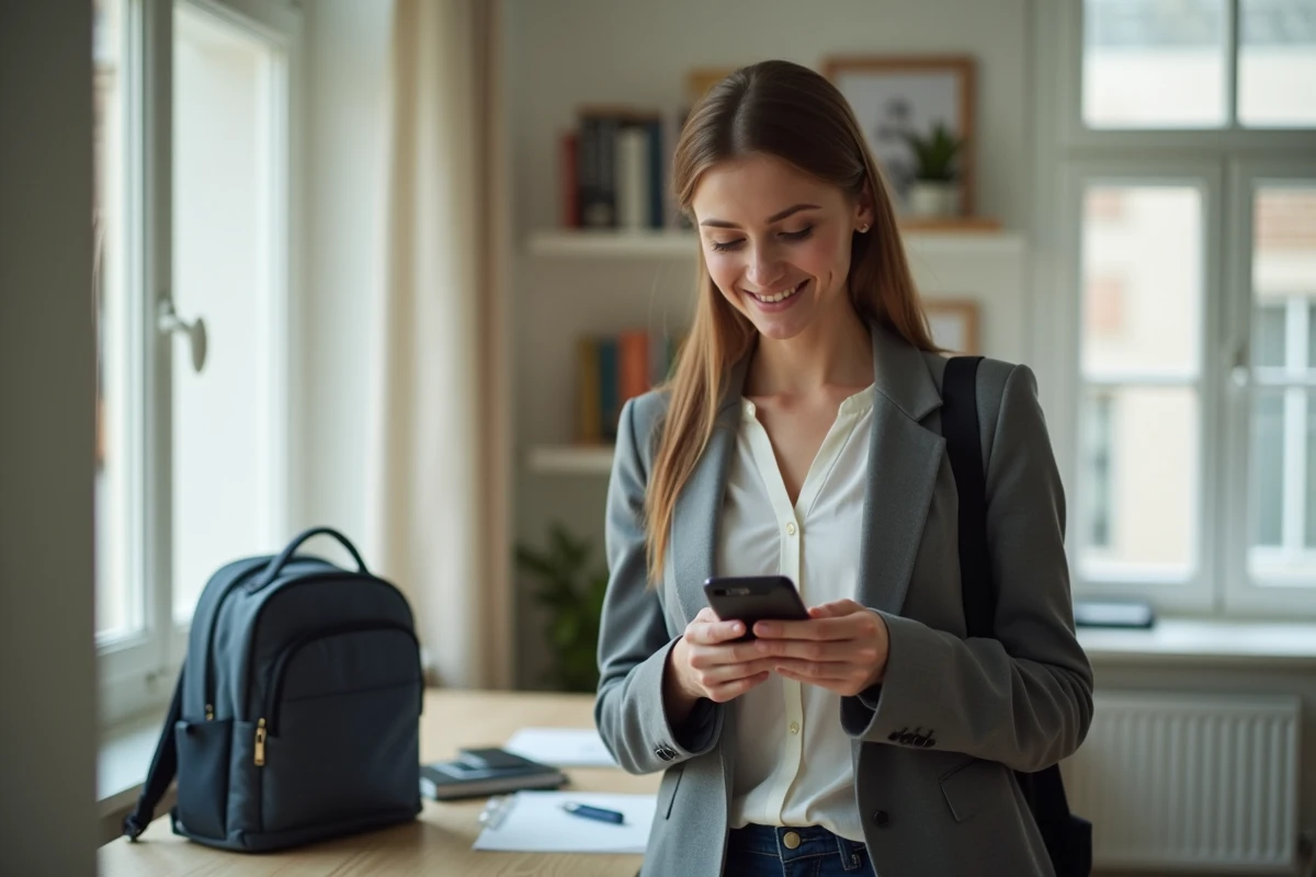 Jeune femme souriante dans un bureau à domicile avec son smartphone