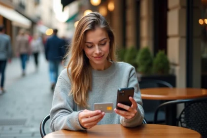 Jeune femme au café comparant carte SIM et eSIM
