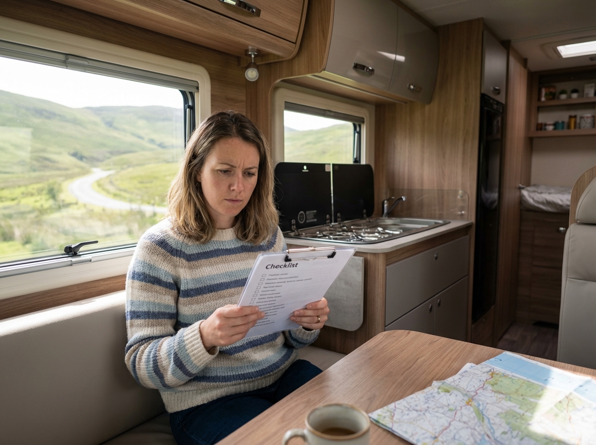 Jeune femme dans un van aménagé examine une check-list