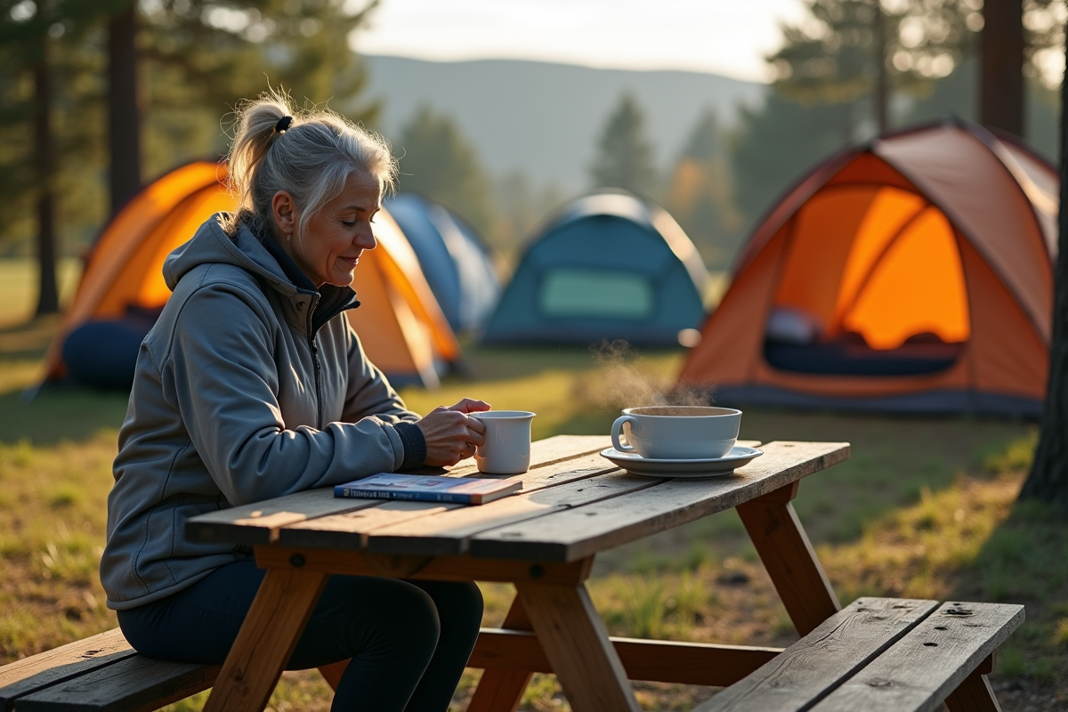 Femme méditant avec café près de sa tente au camping