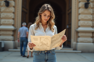Femme étudiant une carte devant un musée orné en extérieur