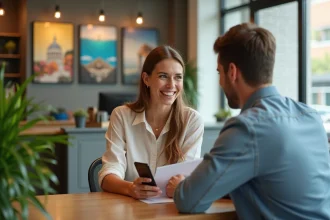 Femme souriante avec brochure voyage et smartphone