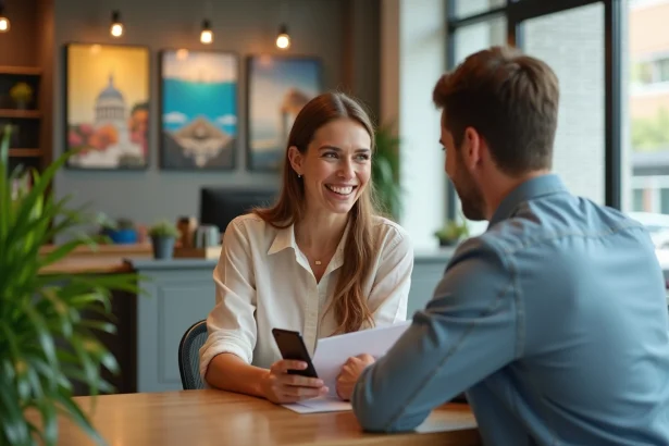 Femme souriante avec brochure voyage et smartphone