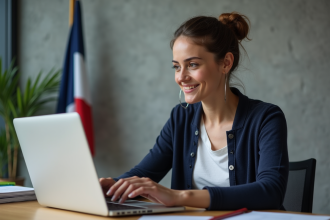 Femme au consulat vérifiant son inscription sur son ordinateur