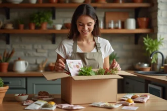 Femme déballant une box cuisine du monde remplie d'épices et ingrédients exotiques dans une cuisine rustique