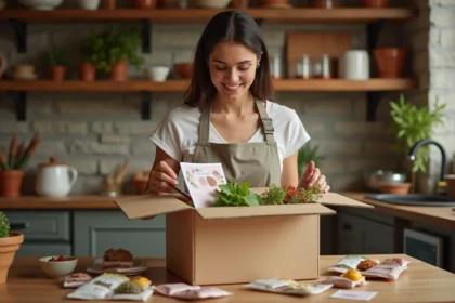 Femme déballant une box cuisine du monde remplie d'épices et ingrédients exotiques dans une cuisine rustique