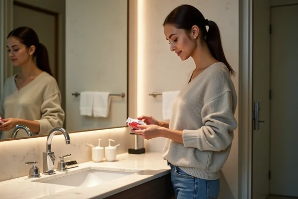 Jeune femme ouvre un sachet de dentifrice dans une salle de bain d'hôtel