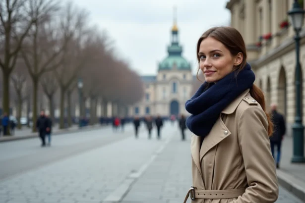 Femme en imperméable beige devant le Rathaus de Vienne sur la Ringstrasse lors d'un premier séjour dans la capitale autrichienne
