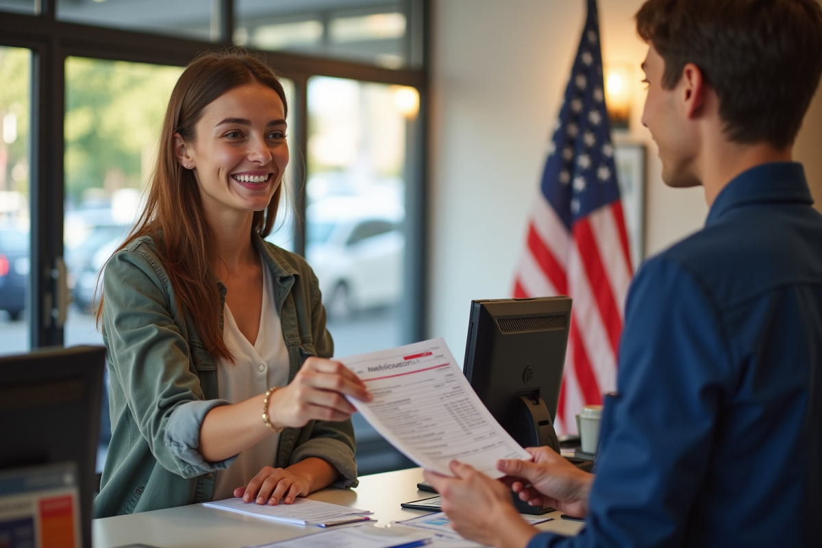 Jeune femme remettant un dossier de visa américain à un agent postal
