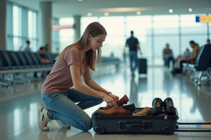 Jeune femme préparant ses chaussures dans une valise à l'aéroport