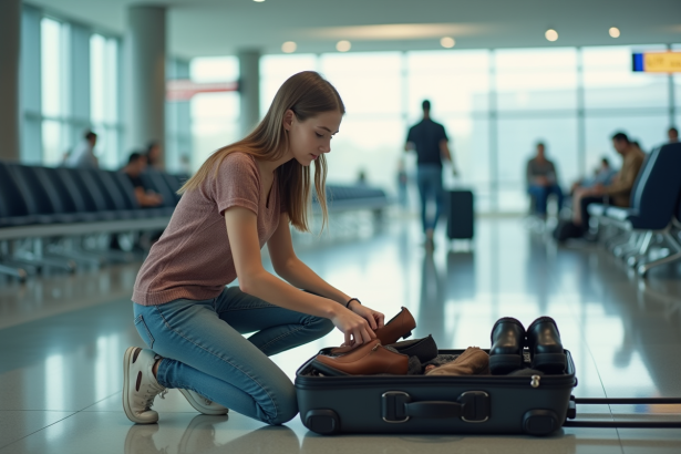 Jeune femme préparant ses chaussures dans une valise à l'aéroport