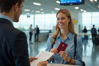 Femme à l'aéroport remettant son passeport et billet