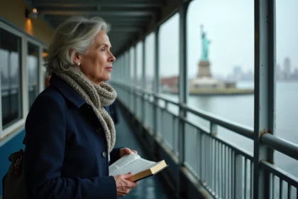 Femme regardant la Statue de la Liberte depuis le ferry