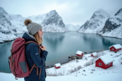 Femme en parka ajustant son sac sur un fjord en Lofoten
