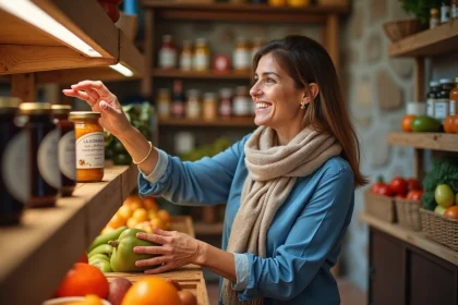 Femme souriante achetant des produits locaux à Dancharia