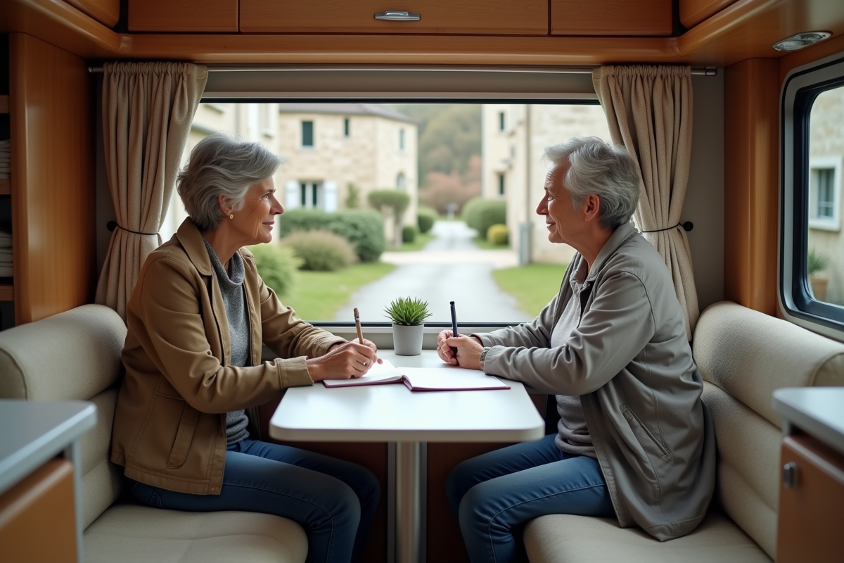 Femme écrivant dans un journal dans un camping-car