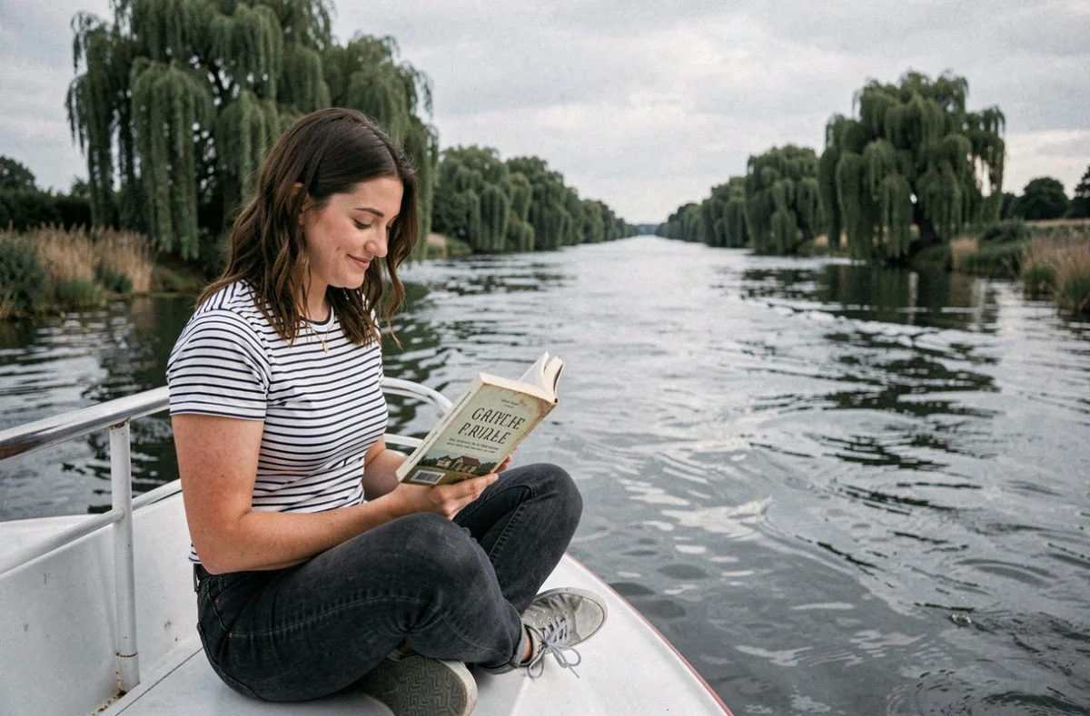 Femme lisant un livre sur le pont avant d'un bateau lors d'une croisière sur la Garonne