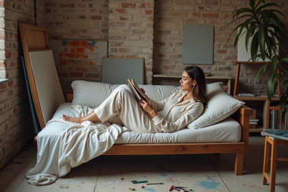 Femme lisant dans un studio artistique cosy et créatif