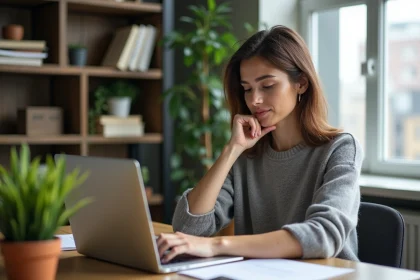 Femme lisant des avis sur son ordinateur dans un bureau moderne