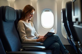 Femme détendue lisant un magazine dans un avion